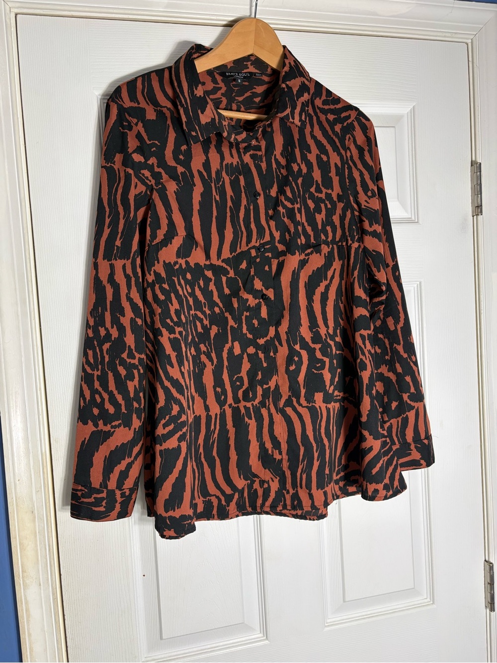 Brave Soul Black and Rust Animal Print Button-Down Blouse